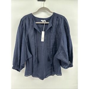 Chico's Women's 4/20 Blouse Linen Balloon Sleeve Popover Shirt Navy NEW